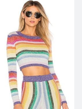 Lovers + Friends Revolve Purple & Mint Striped Cropped Sweater Size Large  NWT